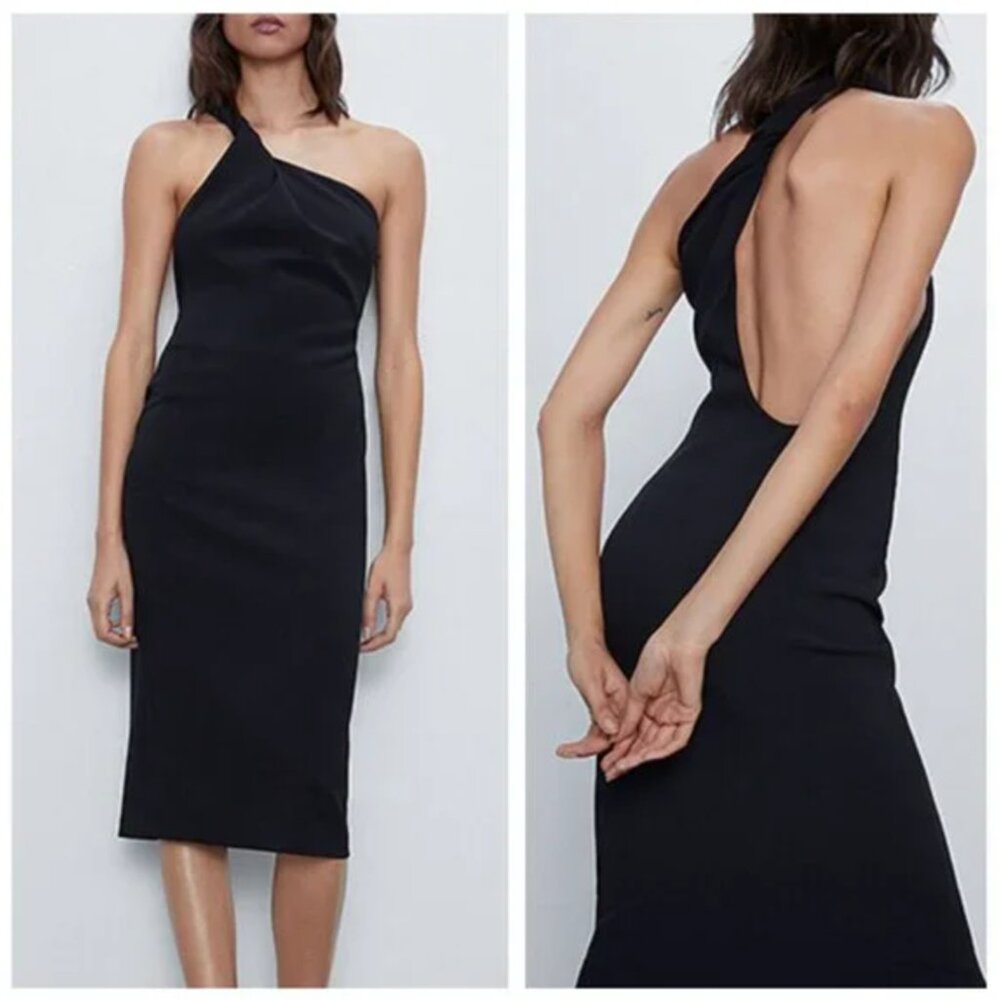 NWT Zara One Shoulder Twist Strap Black Dress